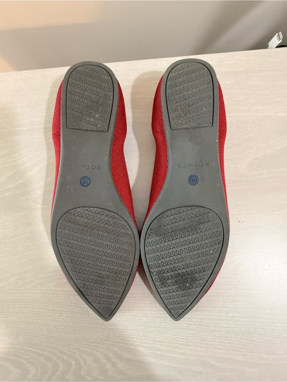 Rothy's Red Pointed-Toe Knit Flats with Blue Trim - Picture 11 of 11